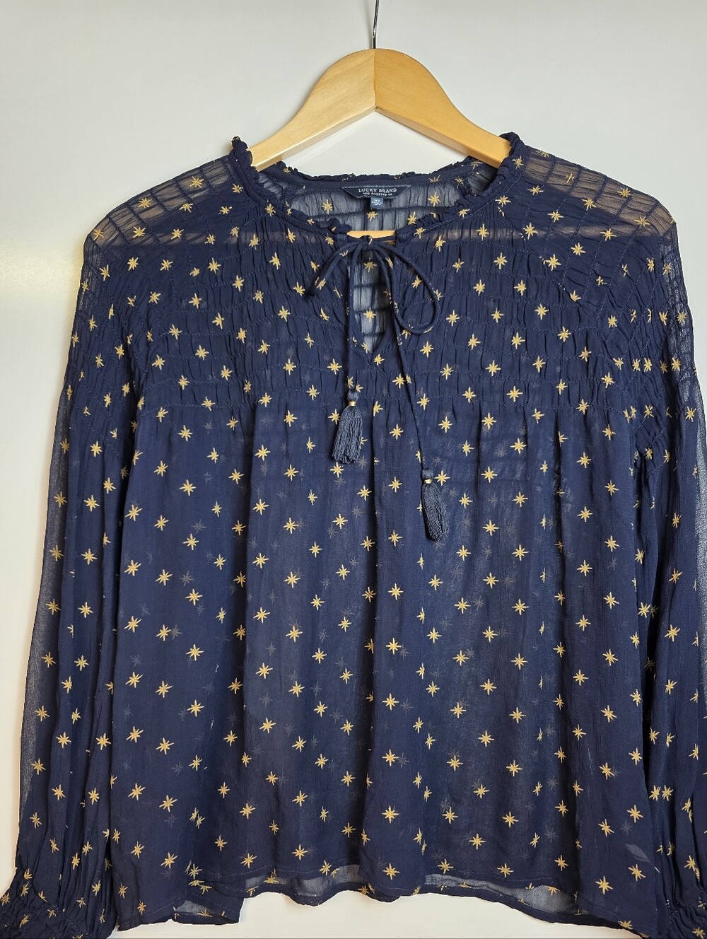 Lucky Brand Navy Star Print Tassel Tie Boho Peasant Blouse XS